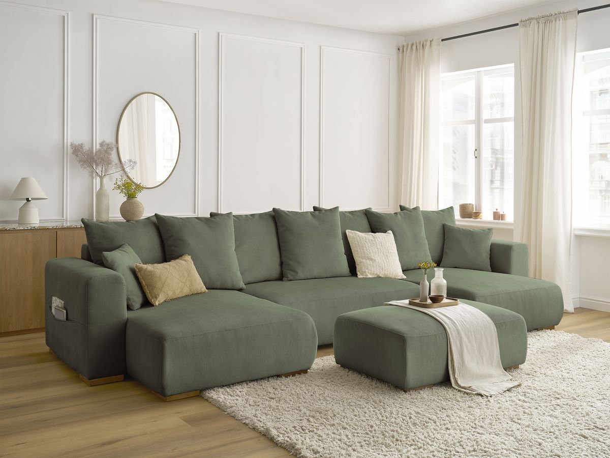 Canapé panoramique convertible réversible coffre SIDONIE velours côtelé avec pouf