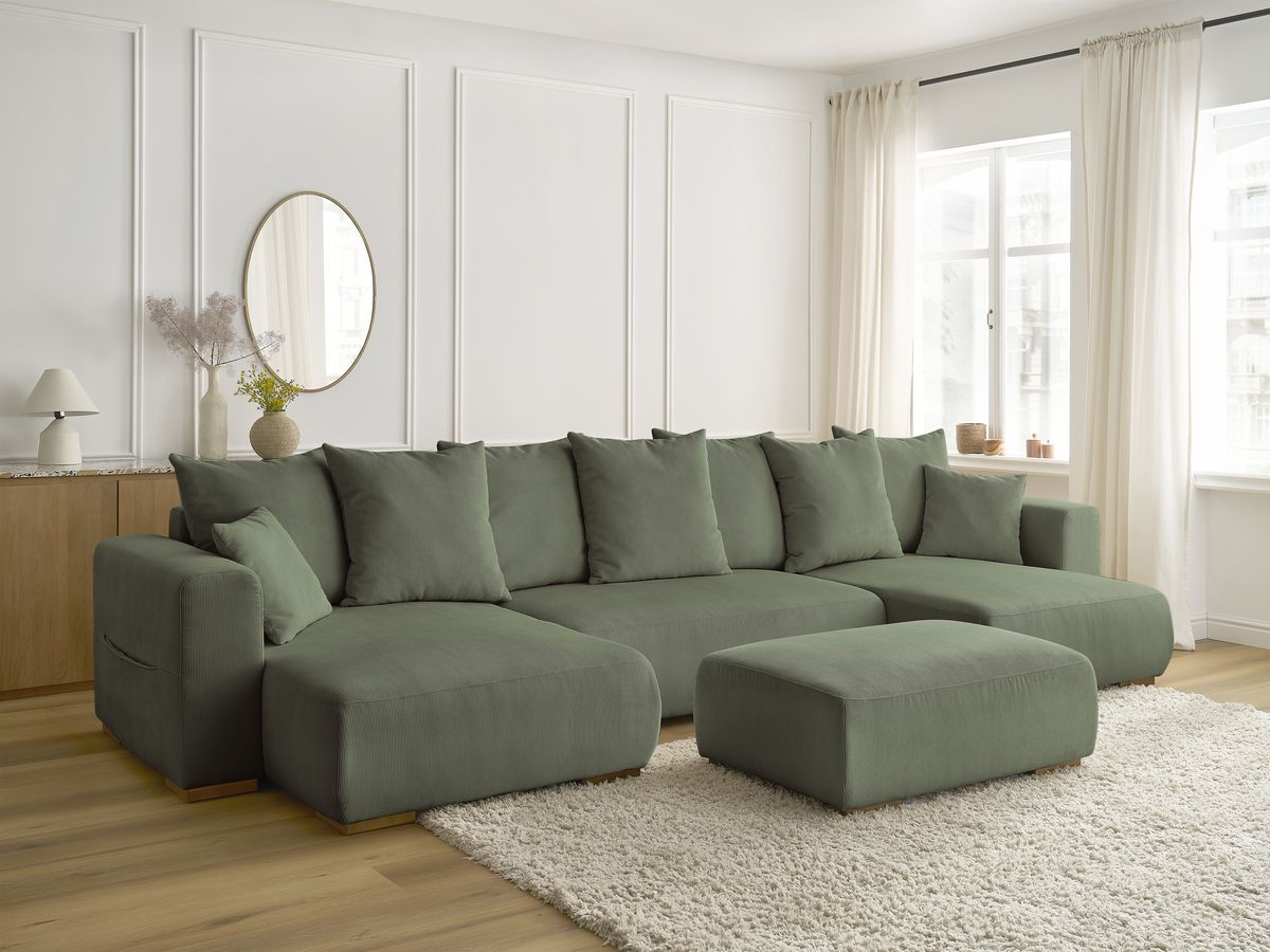Canapé panoramique convertible réversible coffre SIDONIE velours côtelé avec pouf