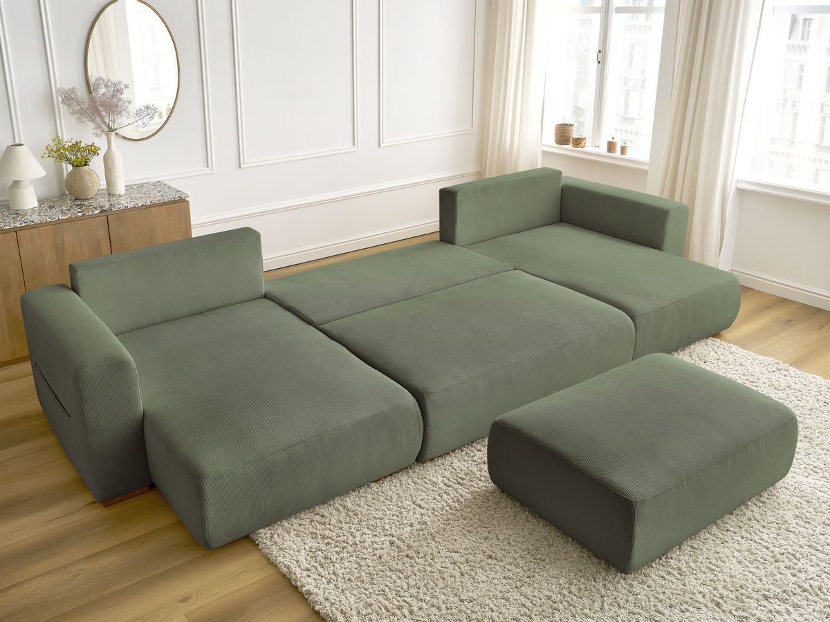 Canapé panoramique convertible réversible coffre SIDONIE velours côtelé avec pouf