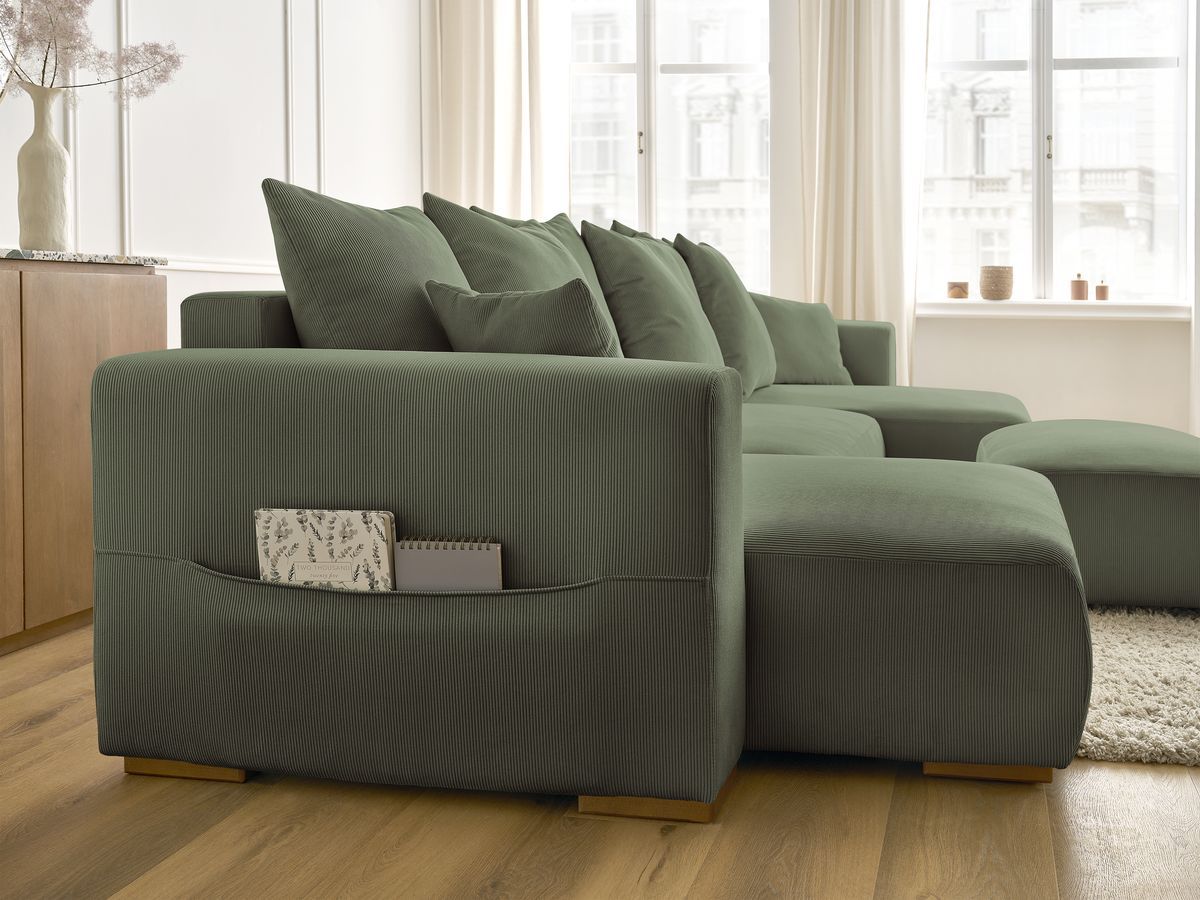 Canapé panoramique convertible réversible coffre SIDONIE velours côtelé avec pouf