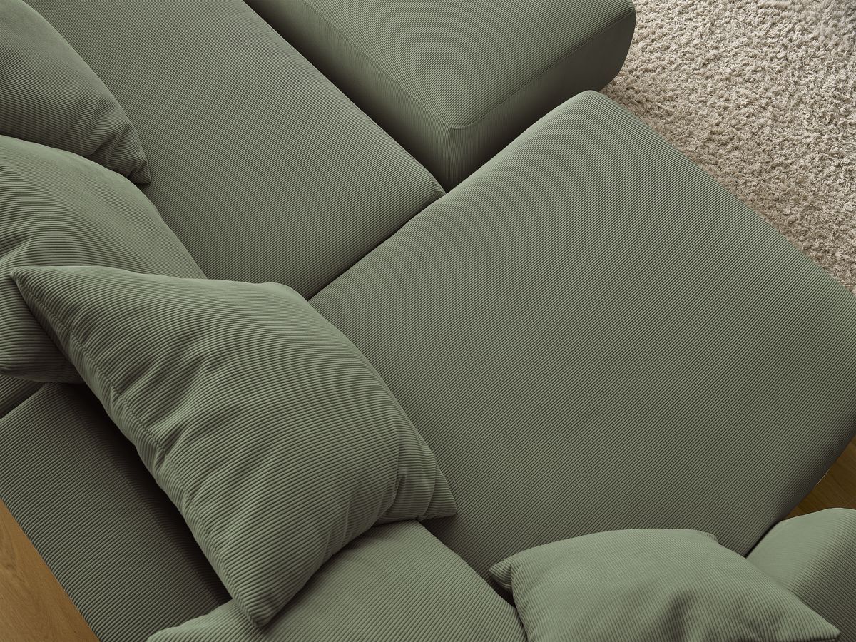 Canapé panoramique convertible réversible coffre SIDONIE velours côtelé avec pouf