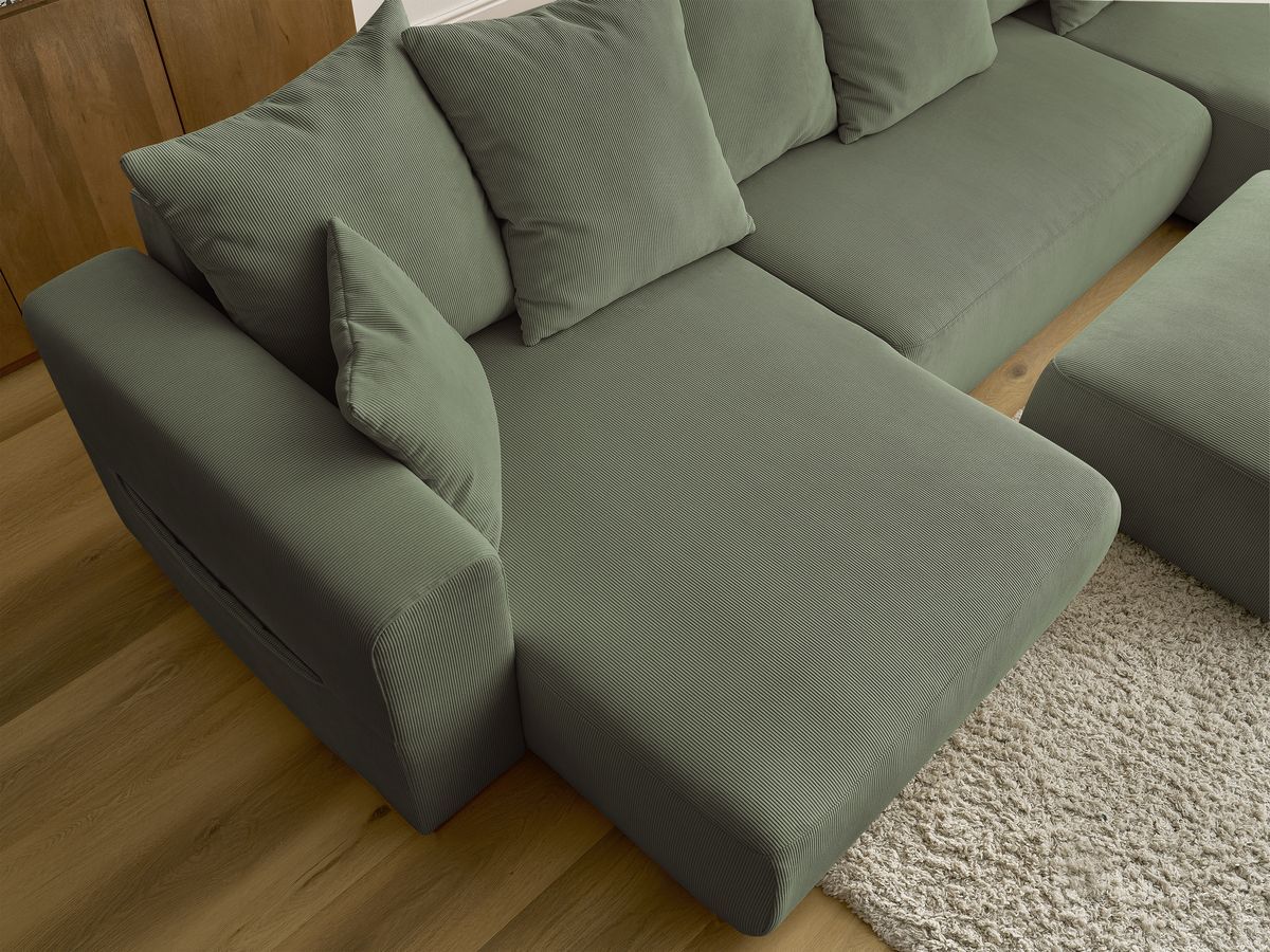Canapé panoramique convertible réversible coffre SIDONIE velours côtelé avec pouf