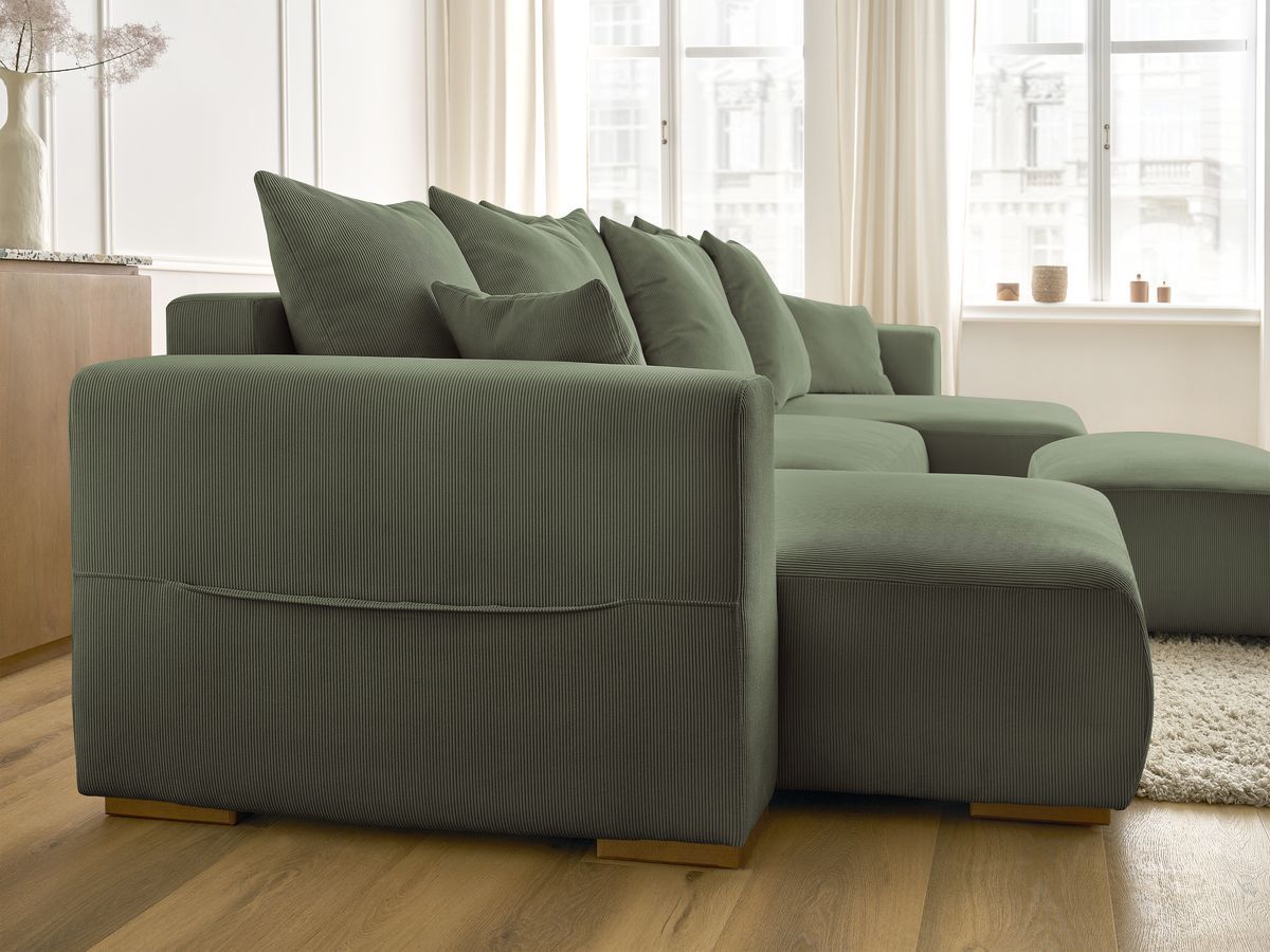 Canapé panoramique convertible réversible coffre SIDONIE velours côtelé avec pouf