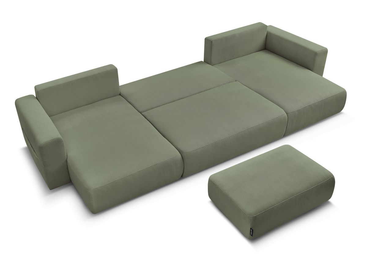 Canapé panoramique convertible réversible coffre SIDONIE velours côtelé avec pouf