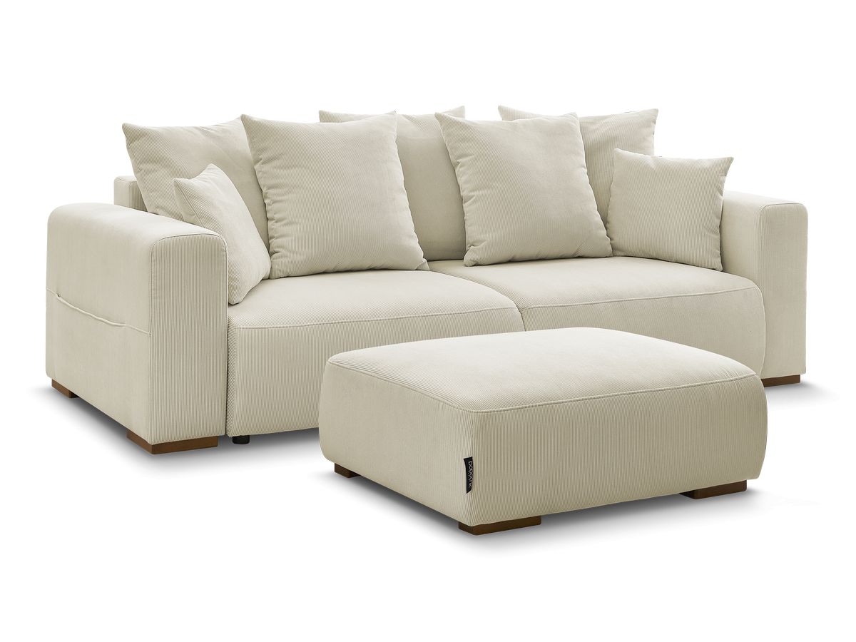 Canapé droit convertible coffre SIDONIE velours côtelé avec pouf