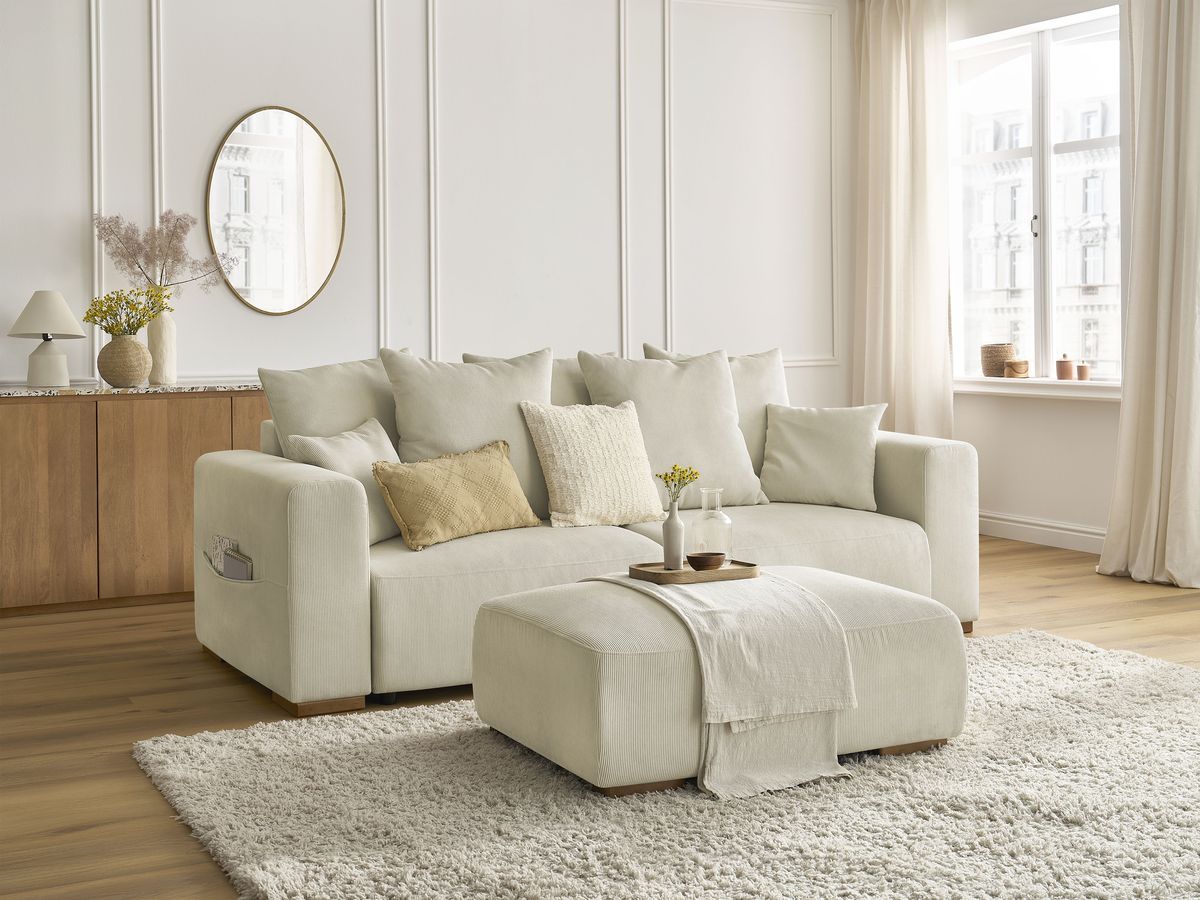 Canapé droit convertible coffre SIDONIE velours côtelé avec pouf
