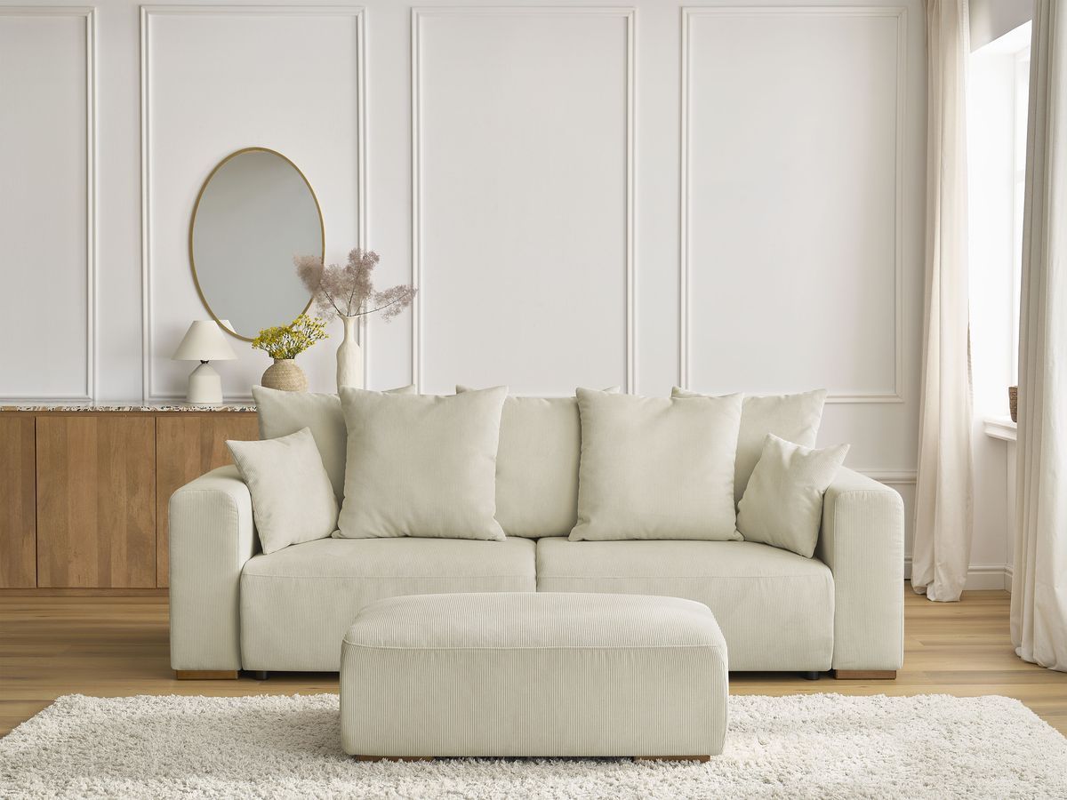 Canapé droit convertible coffre SIDONIE velours côtelé avec pouf beige — vue 5