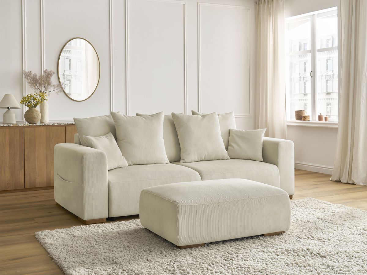 Canapé droit convertible coffre SIDONIE velours côtelé avec pouf