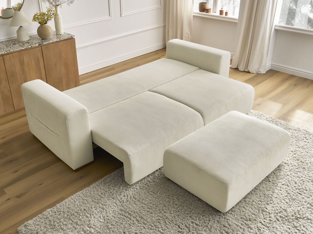 Canapé droit convertible coffre SIDONIE velours côtelé avec pouf