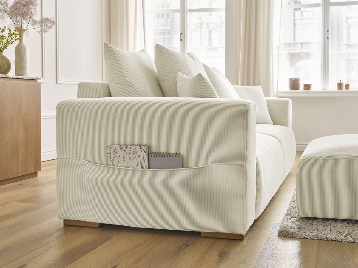 Canapé droit convertible coffre SIDONIE velours côtelé avec pouf