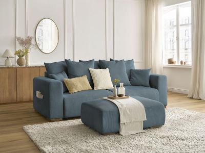 Canapé droit convertible coffre SIDONIE velours côtelé avec pouf