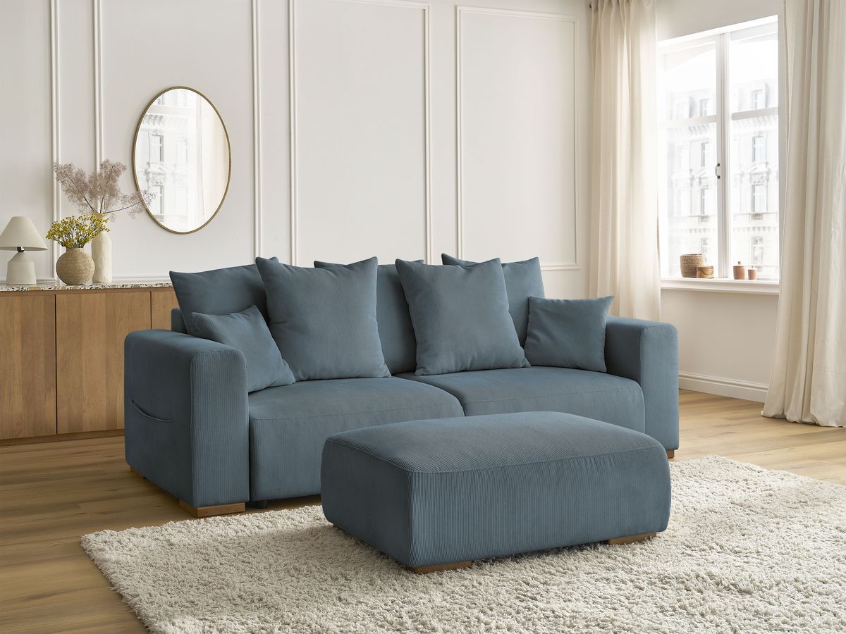 Canapé droit convertible coffre SIDONIE velours côtelé avec pouf