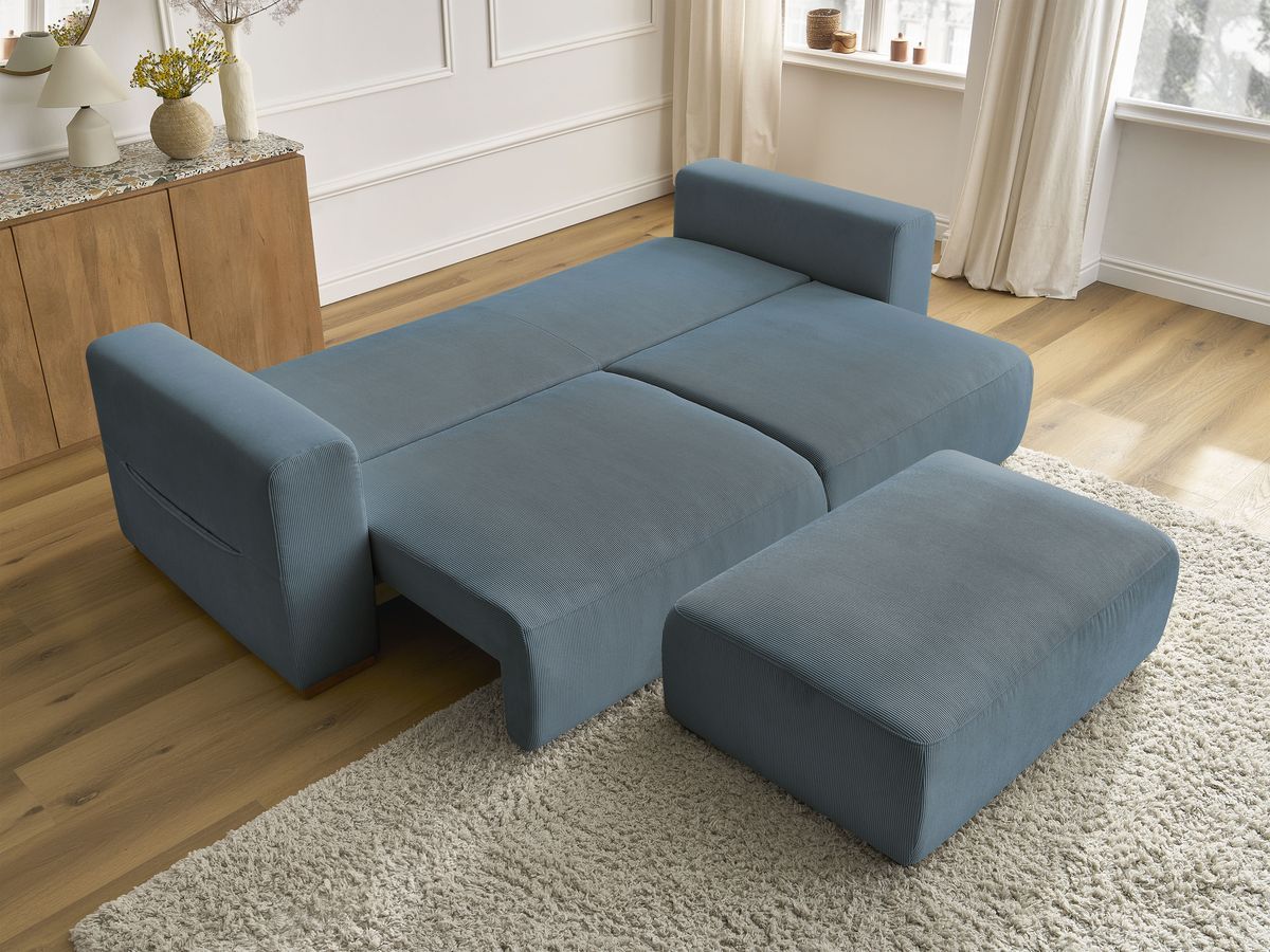 Canapé droit convertible coffre SIDONIE velours côtelé avec pouf
