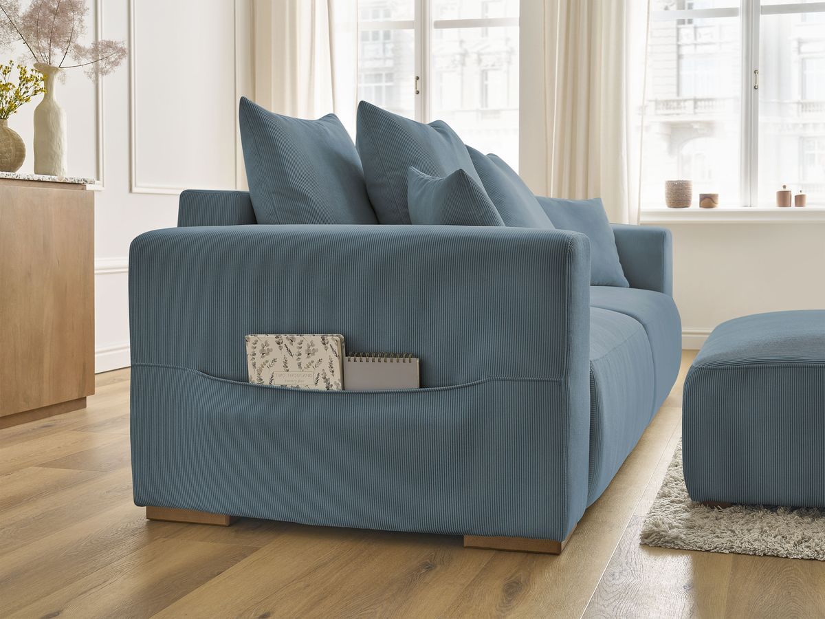Canapé droit convertible coffre SIDONIE velours côtelé avec pouf
