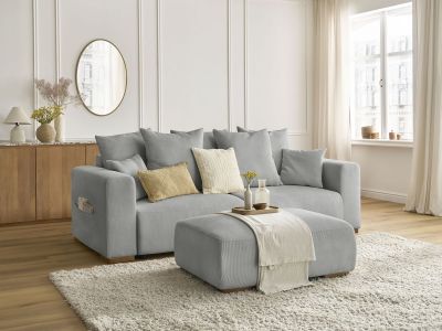 Canapé droit convertible coffre SIDONIE velours côtelé avec pouf