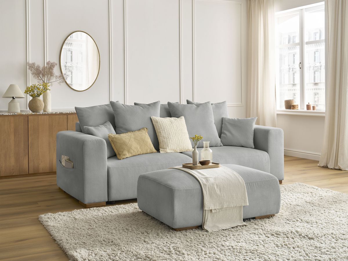 Canapé droit convertible coffre SIDONIE velours côtelé avec pouf