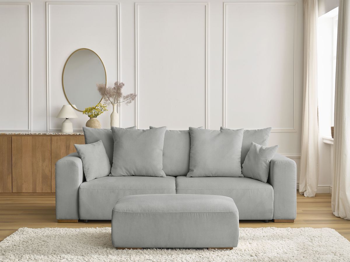 Canapé droit convertible coffre SIDONIE velours côtelé avec pouf gris clair — vue 5