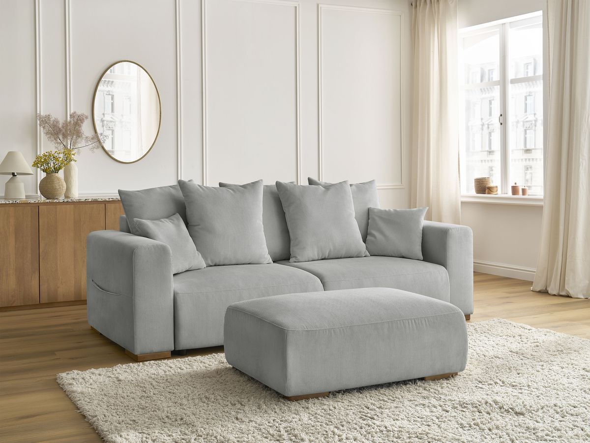 Canapé droit convertible coffre SIDONIE velours côtelé avec pouf