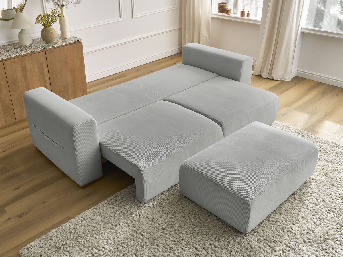 Canapé droit convertible coffre SIDONIE velours côtelé avec pouf