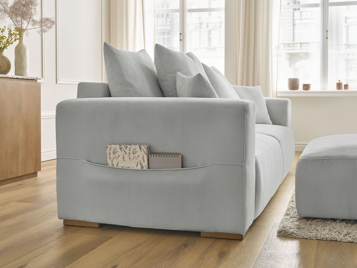 Canapé droit convertible coffre SIDONIE velours côtelé avec pouf