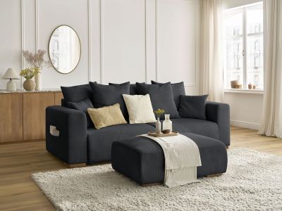 Canapé droit convertible coffre SIDONIE velours côtelé avec pouf