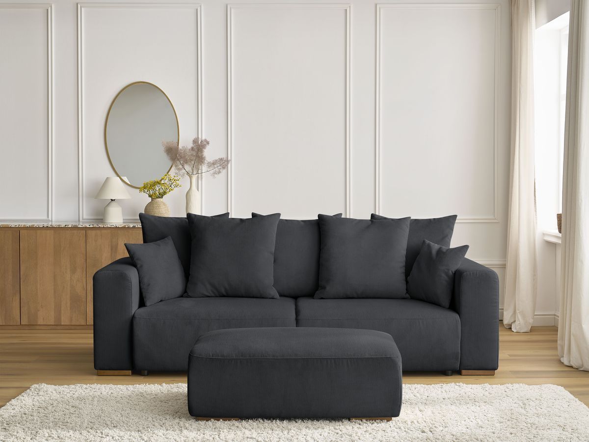 Canapé droit convertible coffre SIDONIE velours côtelé avec pouf noir   BOBOCHIC 4 places - Vue supplémentaire 3
