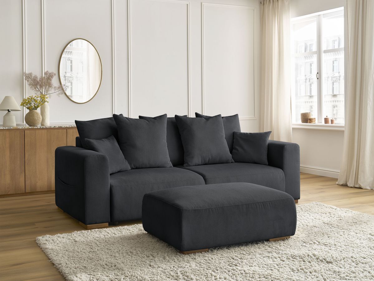 Canapé droit convertible coffre SIDONIE velours côtelé avec pouf