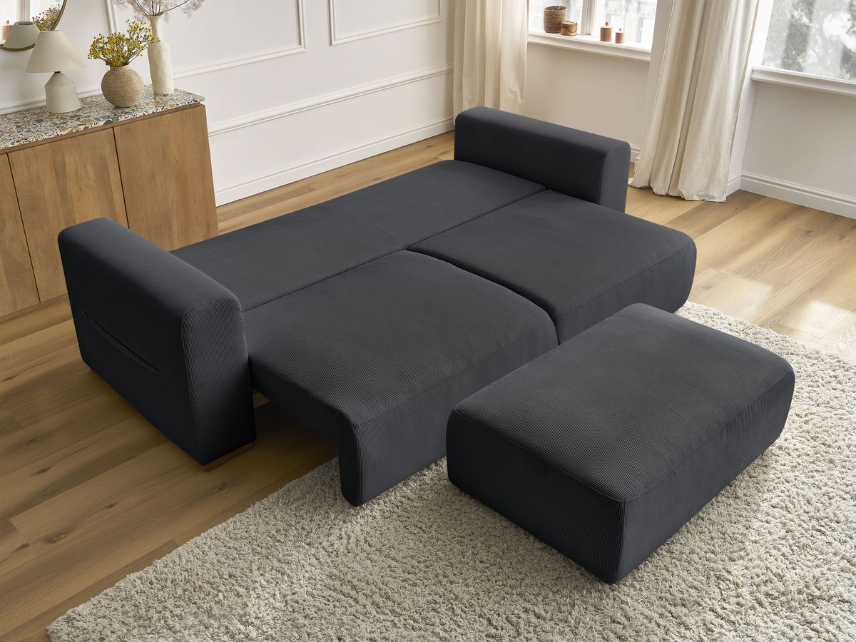 Canapé droit convertible coffre SIDONIE velours côtelé avec pouf