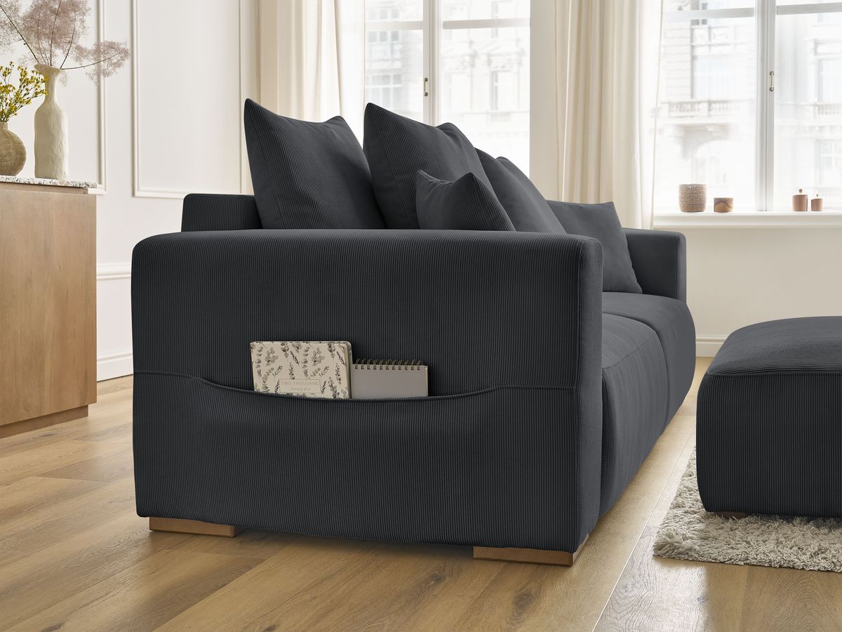 Canapé droit convertible coffre SIDONIE velours côtelé avec pouf