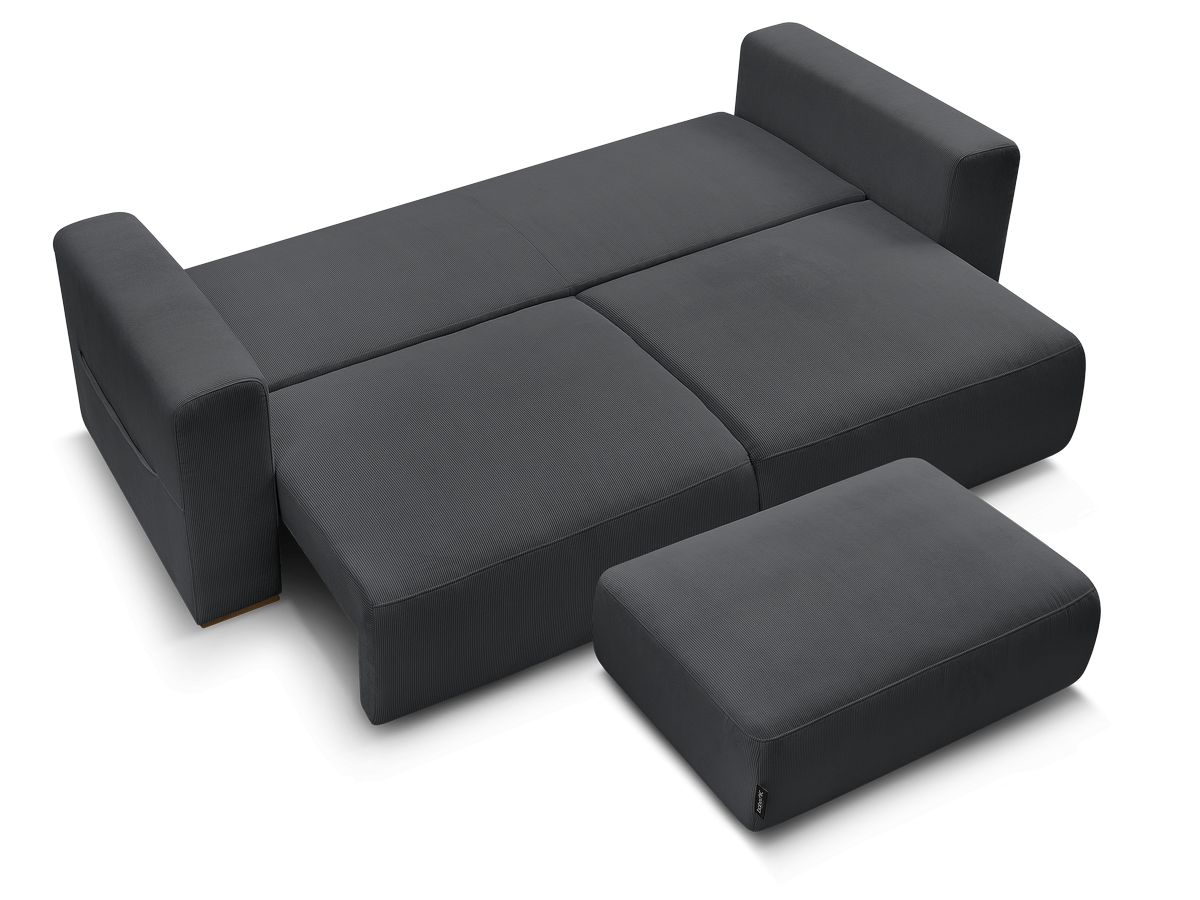 Canapé droit convertible coffre SIDONIE velours côtelé avec pouf