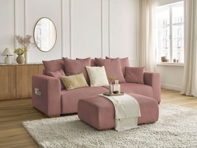 Canapé droit convertible coffre SIDONIE velours côtelé avec pouf