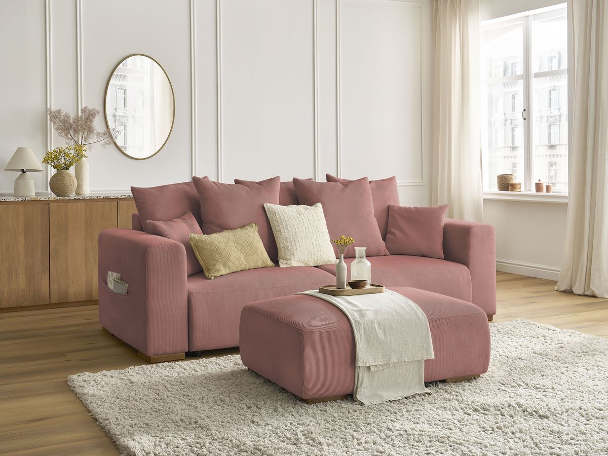 Canapé droit convertible coffre SIDONIE velours côtelé avec pouf
