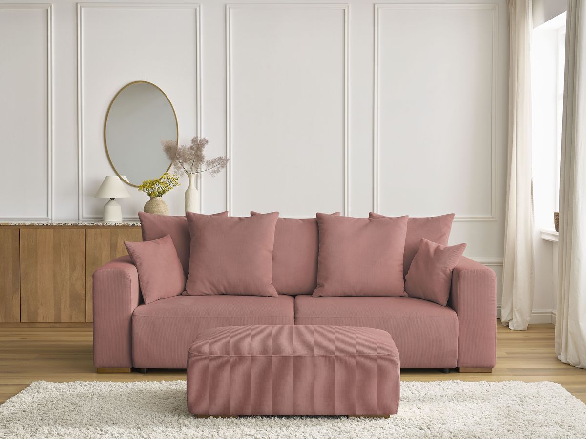 Canapé droit convertible coffre SIDONIE velours côtelé avec pouf rose — vue 5