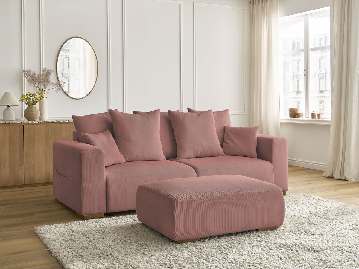 Canapé droit convertible coffre SIDONIE velours côtelé avec pouf