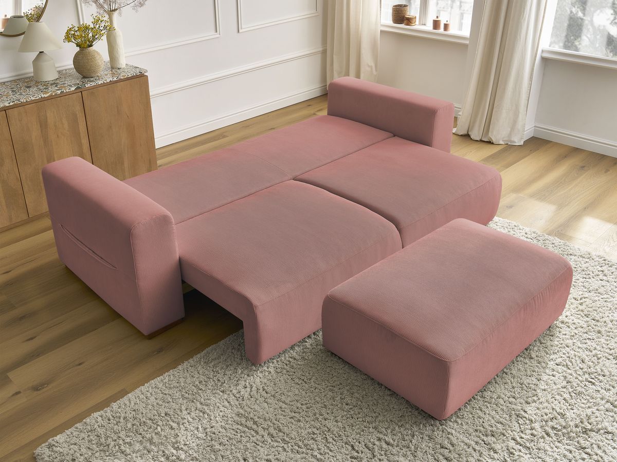 Canapé droit convertible coffre SIDONIE velours côtelé avec pouf