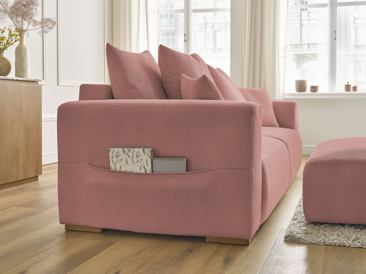 Canapé droit convertible coffre SIDONIE velours côtelé avec pouf