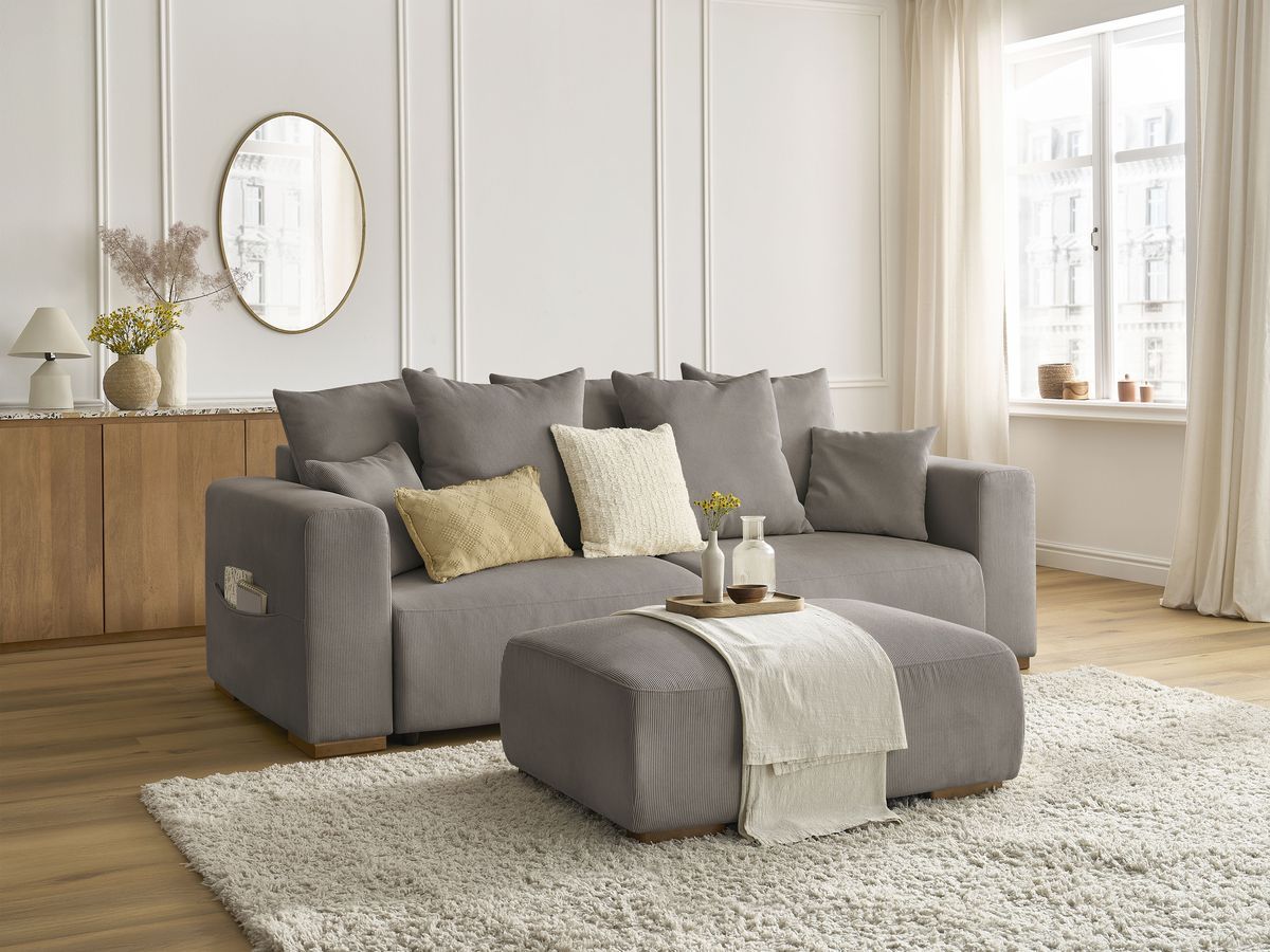 Canapé droit convertible coffre SIDONIE velours côtelé avec pouf