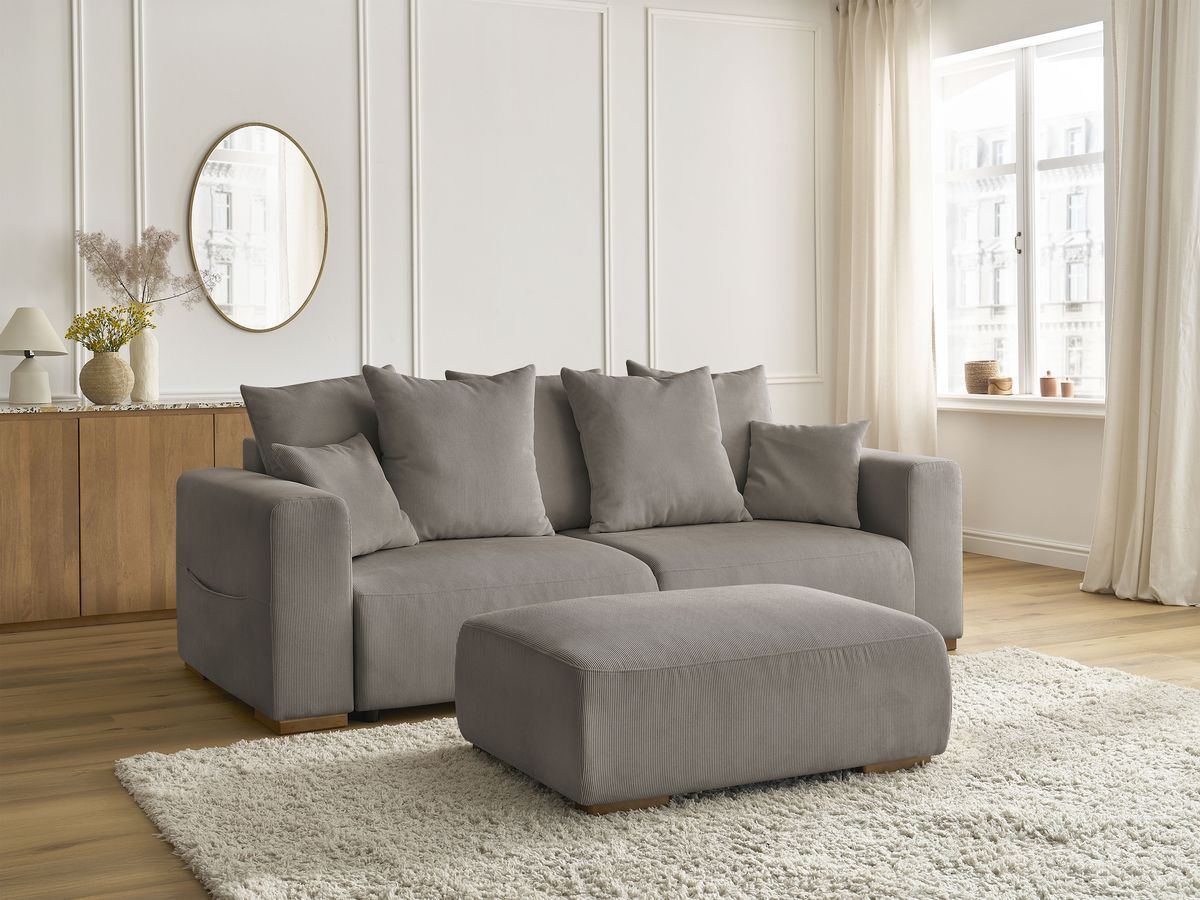 Canapé droit convertible coffre SIDONIE velours côtelé avec pouf
