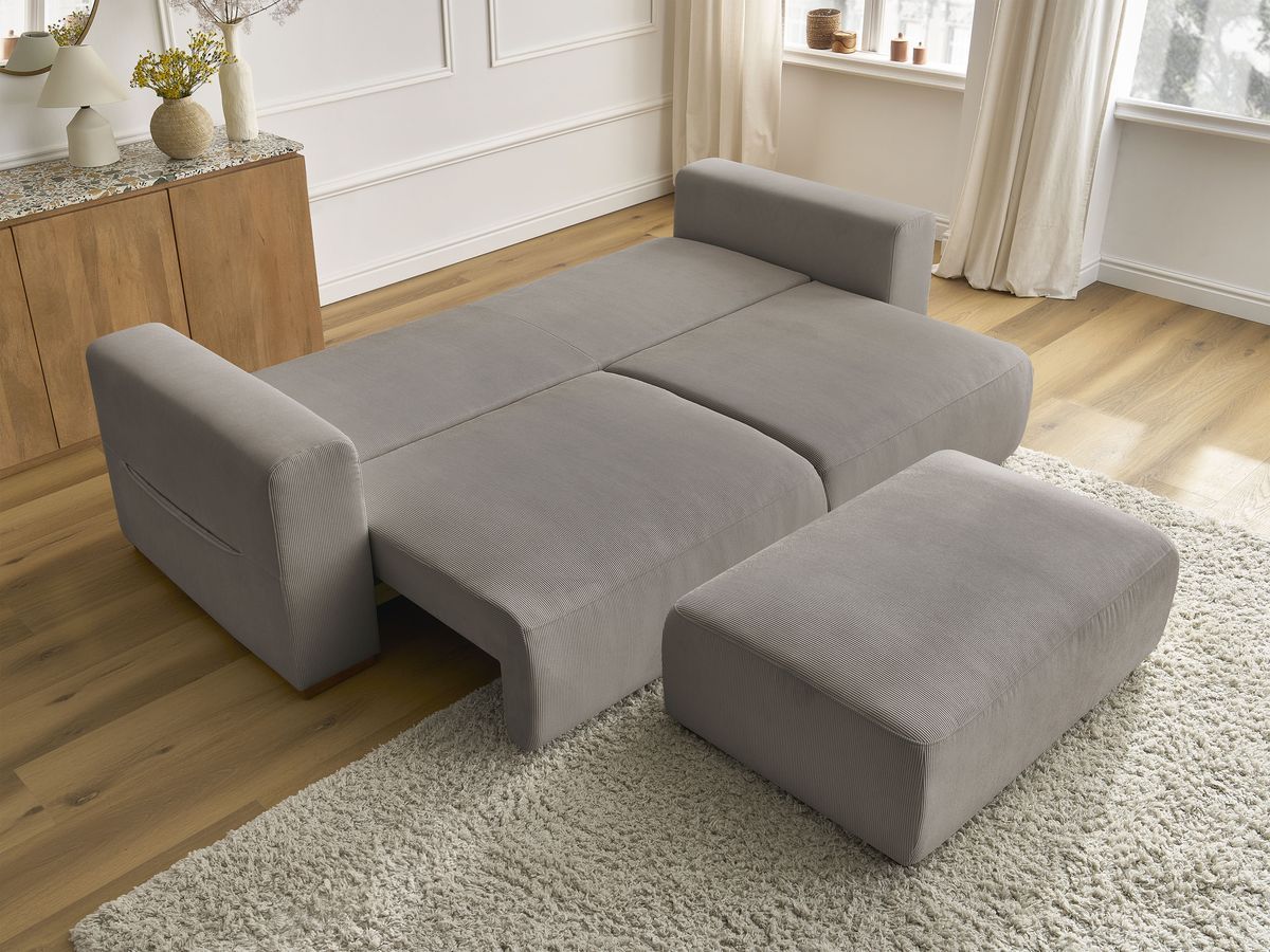 Canapé droit convertible coffre SIDONIE velours côtelé avec pouf