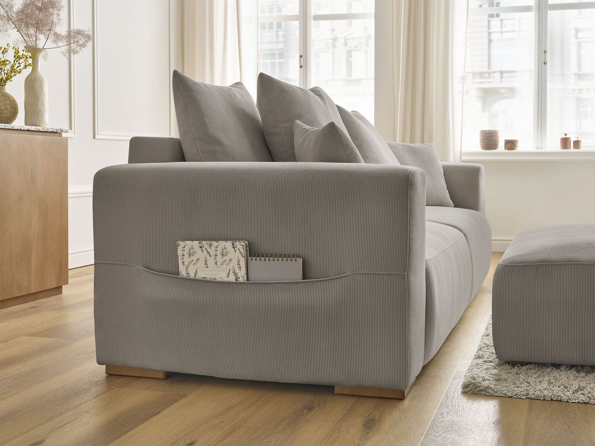 Canapé droit convertible coffre SIDONIE velours côtelé avec pouf