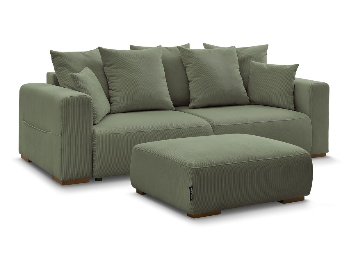Canapé droit convertible coffre SIDONIE velours côtelé avec pouf