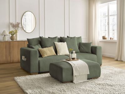 Canapé droit convertible coffre SIDONIE velours côtelé avec pouf