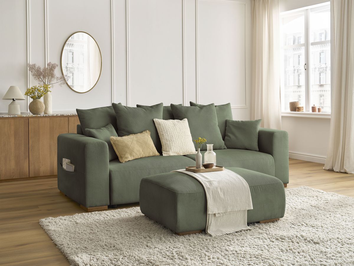Canapé droit convertible coffre SIDONIE velours côtelé avec pouf