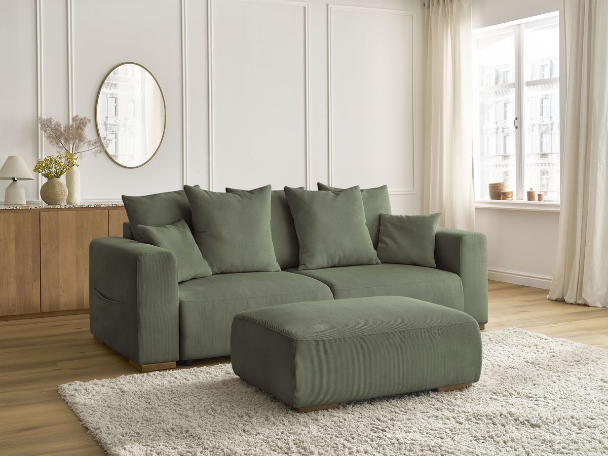 Canapé droit convertible coffre SIDONIE velours côtelé avec pouf