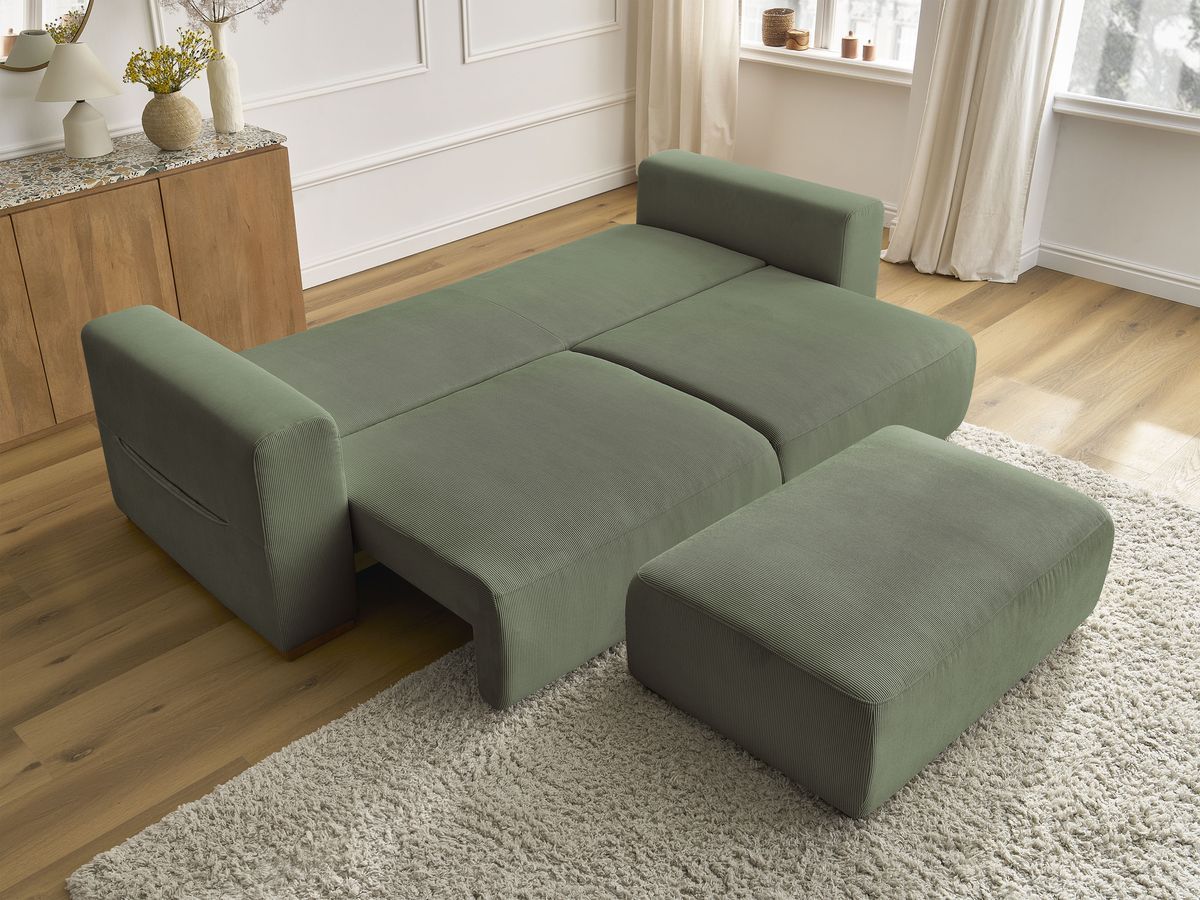 Canapé droit convertible coffre SIDONIE velours côtelé avec pouf