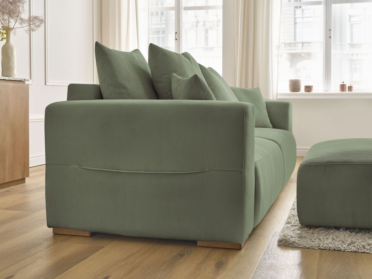 Canapé droit convertible coffre SIDONIE velours côtelé avec pouf