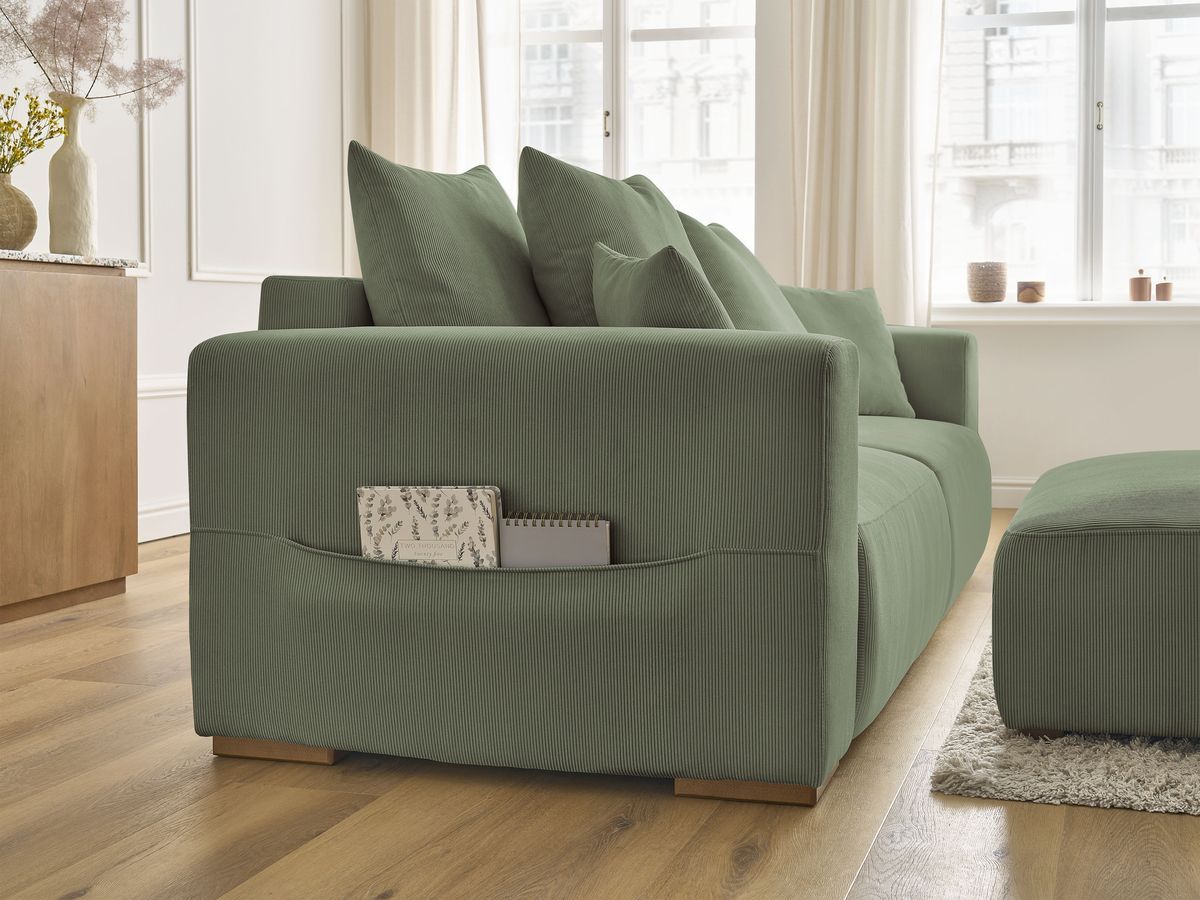Canapé droit convertible coffre SIDONIE velours côtelé avec pouf