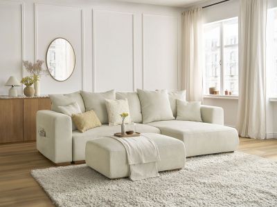 Canapé d'angle convertible réversible coffre SIDONIE velours côtelé avec pouf