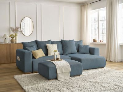 Canapé d'angle convertible réversible coffre SIDONIE velours côtelé avec pouf