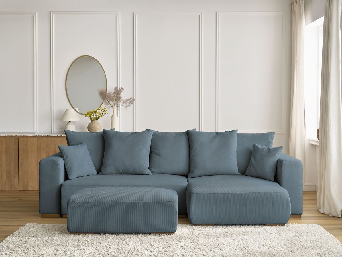 Canapé d'angle convertible réversible coffre SIDONIE velours côtelé avec pouf bleu foncé — vue 5